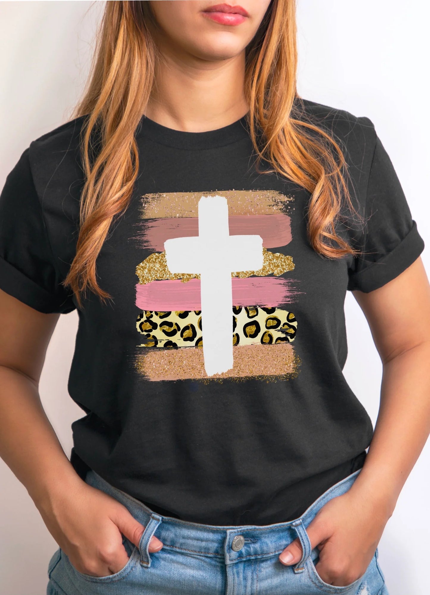 Brushstroke Glitter Cross Christian Tee