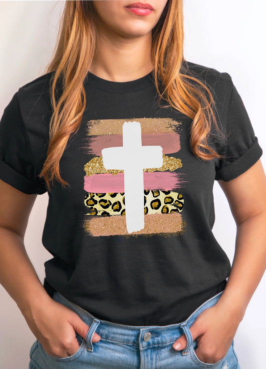 Brushstroke Glitter Cross Christian Tee
